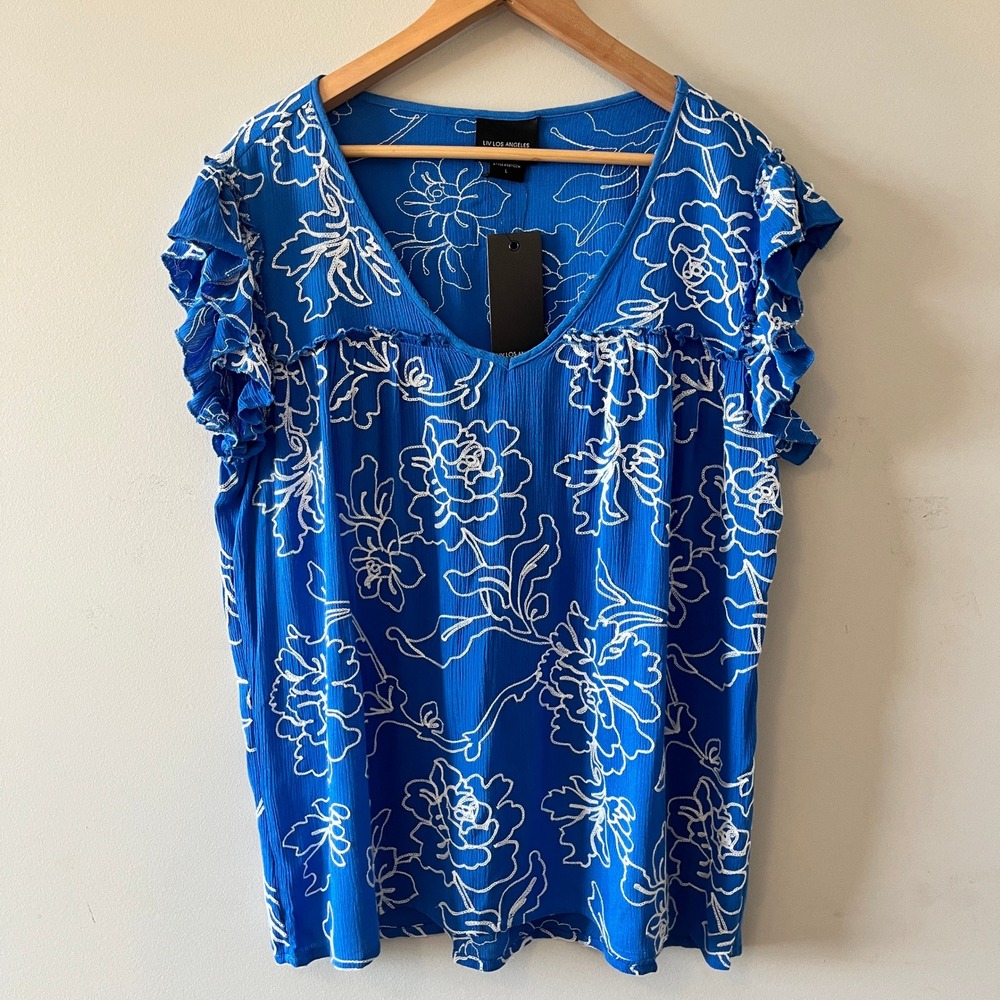 Liv Los Angeles Floral Ruffle Sleeve Top Blue Large NWT Coastal